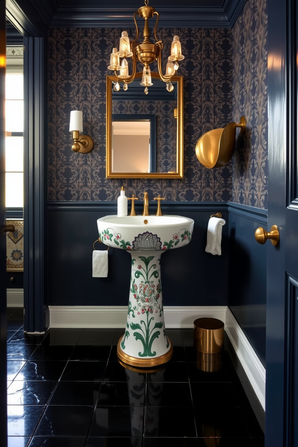 A chic powder room features a striking pedestal sink with an intricate floral design that serves as a focal point. The walls are adorned with bold wallpaper featuring geometric patterns, while the floor is complemented by polished black tiles. A modern wall-mounted sink made from brushed brass adds a touch of elegance to the space. The room is illuminated by a vintage chandelier, casting a warm glow over the rich navy blue color scheme.