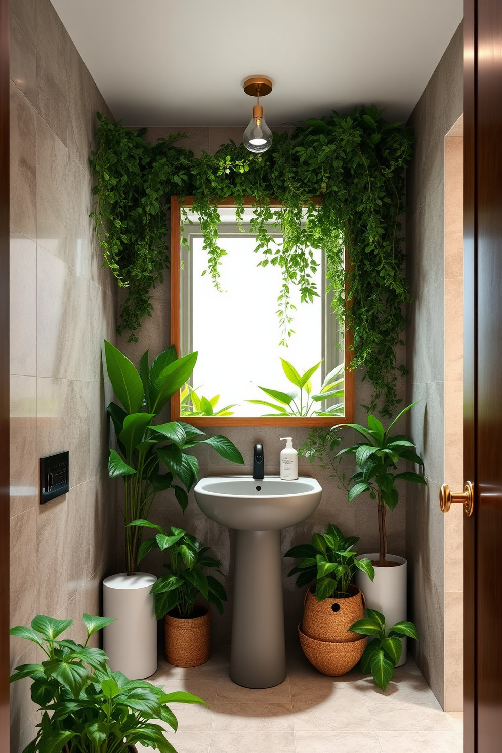 A stylish powder room filled with lush greenery creates a fresh and inviting atmosphere. The walls are adorned with natural stone tiles, and a sleek pedestal sink complements the vibrant plants placed throughout the space. A large mirror with a wooden frame reflects the greenery, enhancing the room's openness. Soft lighting fixtures are strategically placed to highlight the plants, creating a serene ambiance.