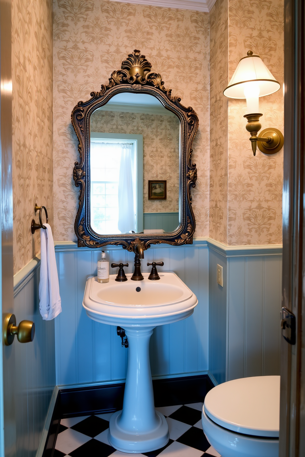 A charming powder room featuring vintage fixtures that exude timeless elegance. The walls are adorned with intricate wallpaper in soft pastels, while a classic pedestal sink takes center stage. A vintage-style mirror with an ornate frame hangs above the sink, reflecting the warm glow of a brass sconce. The flooring is a classic black and white checkered tile, adding a touch of sophistication to the space.