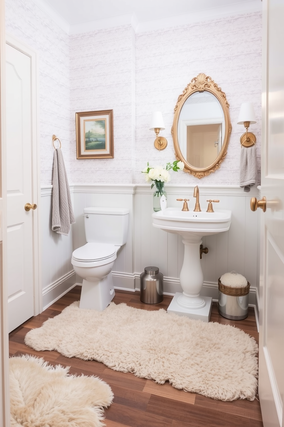 Cozy rugs are placed strategically to soften the space and add warmth. The powder room features a delicate color palette with soft pastels and elegant fixtures. A plush area rug sits beneath a vintage pedestal sink, enhancing the room's charm. The walls are adorned with subtle wallpaper, and a stylish mirror reflects the inviting atmosphere.