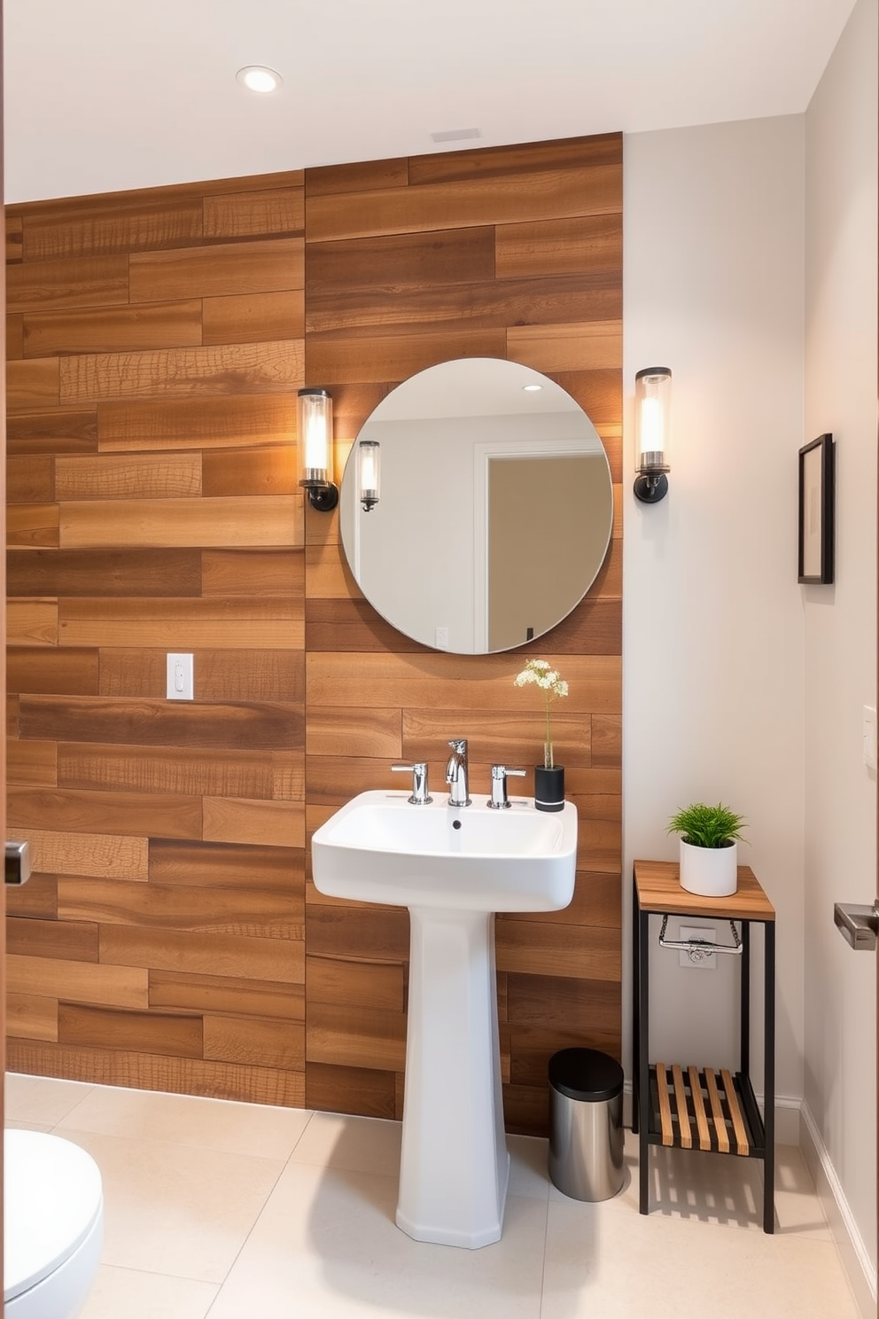 A stylish powder room featuring an accent wall made of reclaimed wood that adds warmth and texture to the space. The room includes a sleek pedestal sink with modern fixtures and a large round mirror that reflects natural light. Soft lighting fixtures are installed to create a cozy ambiance, while a small potted plant sits on a minimalist shelf for a touch of greenery. The flooring is a light-colored tile that complements the rustic charm of the wood accent wall.