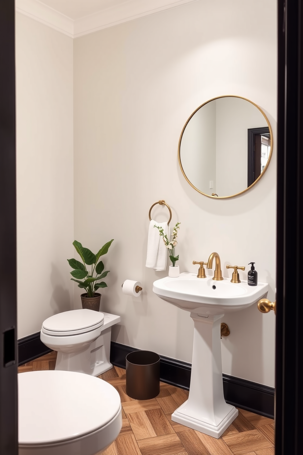 A stylish powder room featuring a large round mirror that reflects light and creates an illusion of more space. The walls are painted in a soft pastel hue, complemented by a sleek pedestal sink and elegant brass fixtures. Incorporate a statement mirror above the sink, framed in a bold color to add a pop of personality. The flooring is a chic herringbone pattern, and a small potted plant adds a touch of greenery to the design.