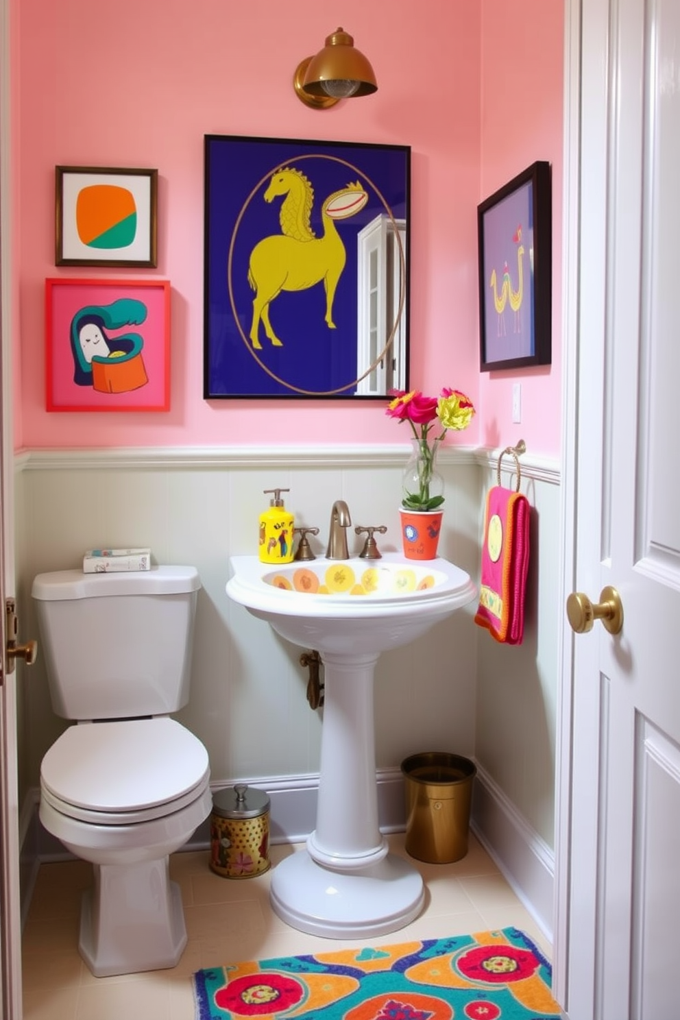 A vibrant powder room filled with colorful accessories that add playful accents. The walls are painted in a soft pastel hue, while bold artwork adorns the space, creating a lively atmosphere. A unique pedestal sink with a bright, patterned basin serves as the focal point. Decorative items such as a whimsical soap dispenser and a vibrant rug complement the overall cheerful design.