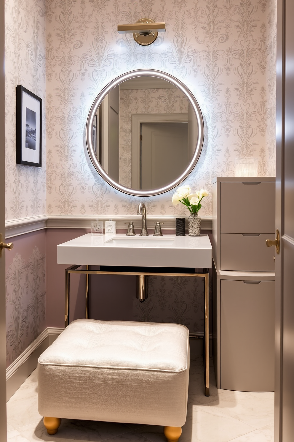 A stylish powder room featuring dual-purpose furniture that maximizes space and functionality. The design includes a sleek fold-down vanity that doubles as a desk, complemented by a compact storage ottoman that provides seating and hidden storage. The walls are adorned with elegant wallpaper in soft pastel tones, creating a serene atmosphere. A chic mirror with built-in lighting enhances the room's brightness while maintaining a modern aesthetic.