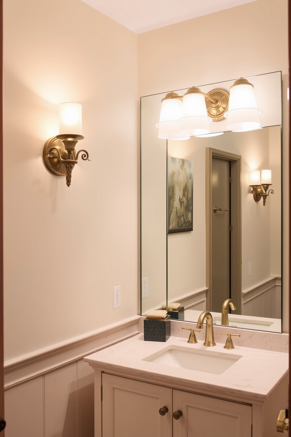 Elegant sconces for ambient lighting create a warm and inviting atmosphere in a powder room. The sconces feature intricate designs with soft, diffused light that enhances the overall elegance of the space. Incorporate a stylish vanity with a sleek countertop and a large mirror that reflects the light from the sconces. Choose a color palette of soft neutrals and rich accents to complement the ambient glow and elevate the design.