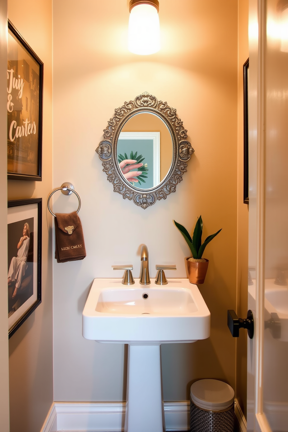 A stylish powder room featuring personalized touches with custom art. The walls are adorned with unique artwork that reflects the homeowner's personality and taste. A sleek pedestal sink is complemented by a modern faucet, and a decorative mirror hangs above it. Soft ambient lighting enhances the warm color palette, creating an inviting atmosphere.