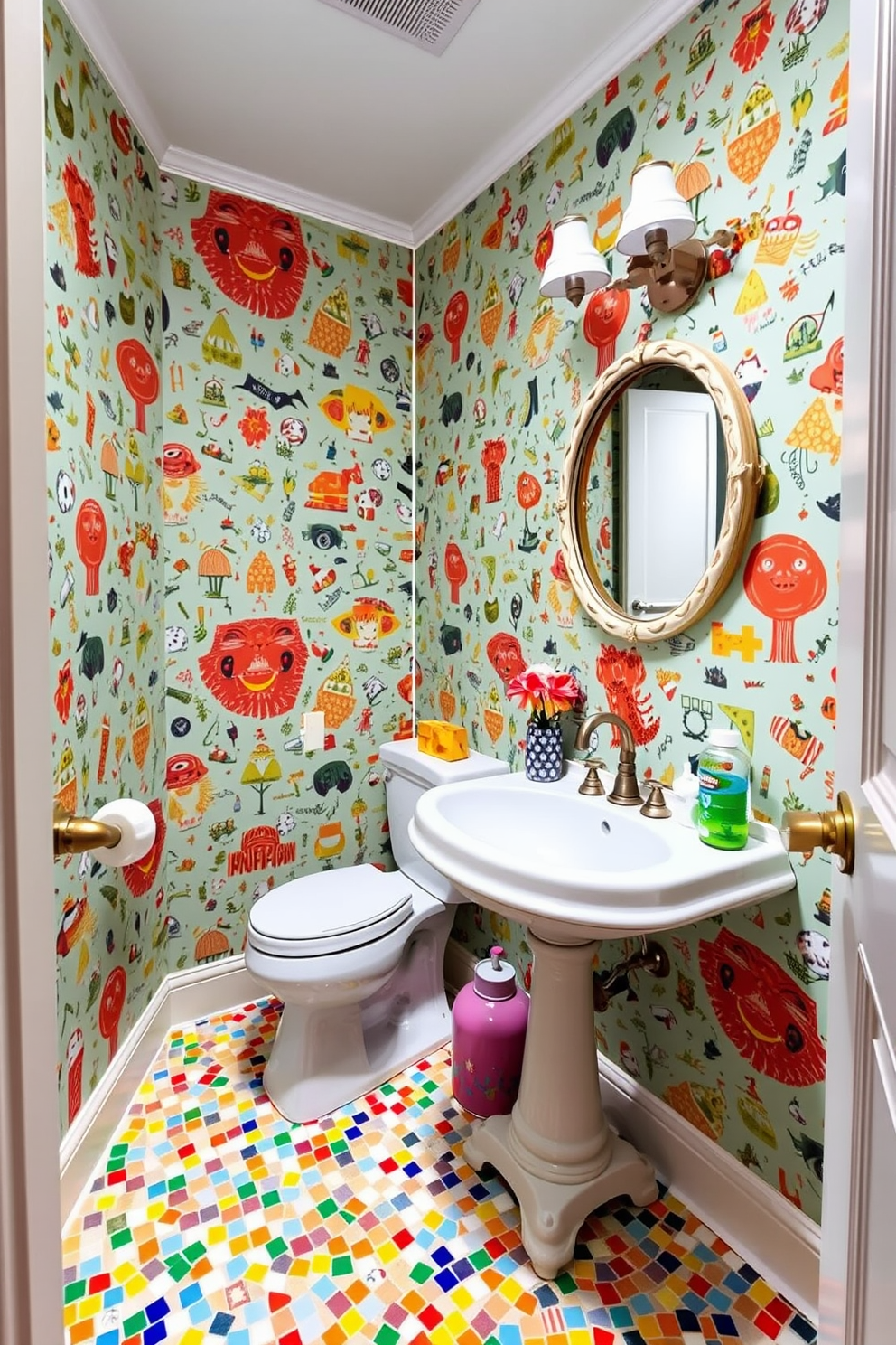 A whimsical powder room filled with playful decor elements. The walls are adorned with vibrant wallpaper featuring colorful patterns and quirky illustrations. A vintage pedestal sink sits in the corner, complemented by a round mirror with a whimsical frame. The floor is covered in a mosaic tile design that adds a splash of color and fun to the space.