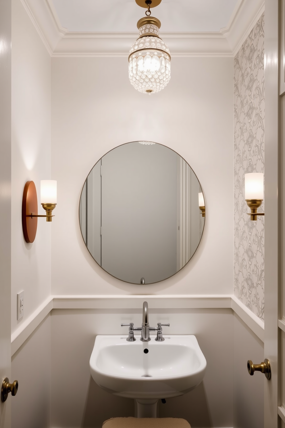 A chic powder room featuring layered lighting that creates a versatile ambiance. The space includes a stylish wall-mounted sink with a sleek faucet and a large round mirror that reflects the warm glow of sconces on either side. The walls are painted in a soft neutral tone, complemented by elegant wallpaper that adds texture. A small but striking chandelier hangs from the ceiling, providing a focal point while enhancing the overall atmosphere.