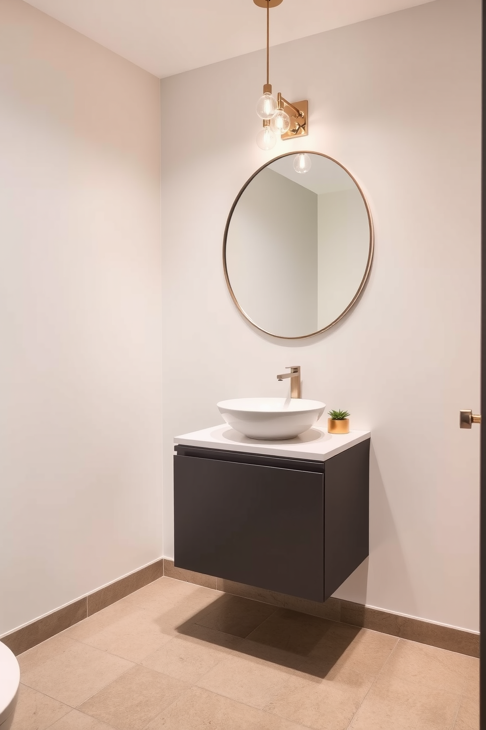 A floating vanity with sleek lines is the centerpiece of this modern powder room. The vanity features a minimalist design with a glossy finish, complemented by a stylish vessel sink above. The walls are adorned with soft pastel colors, creating a serene atmosphere. A large round mirror with a thin frame reflects the elegant lighting fixtures above, enhancing the room's spacious feel.