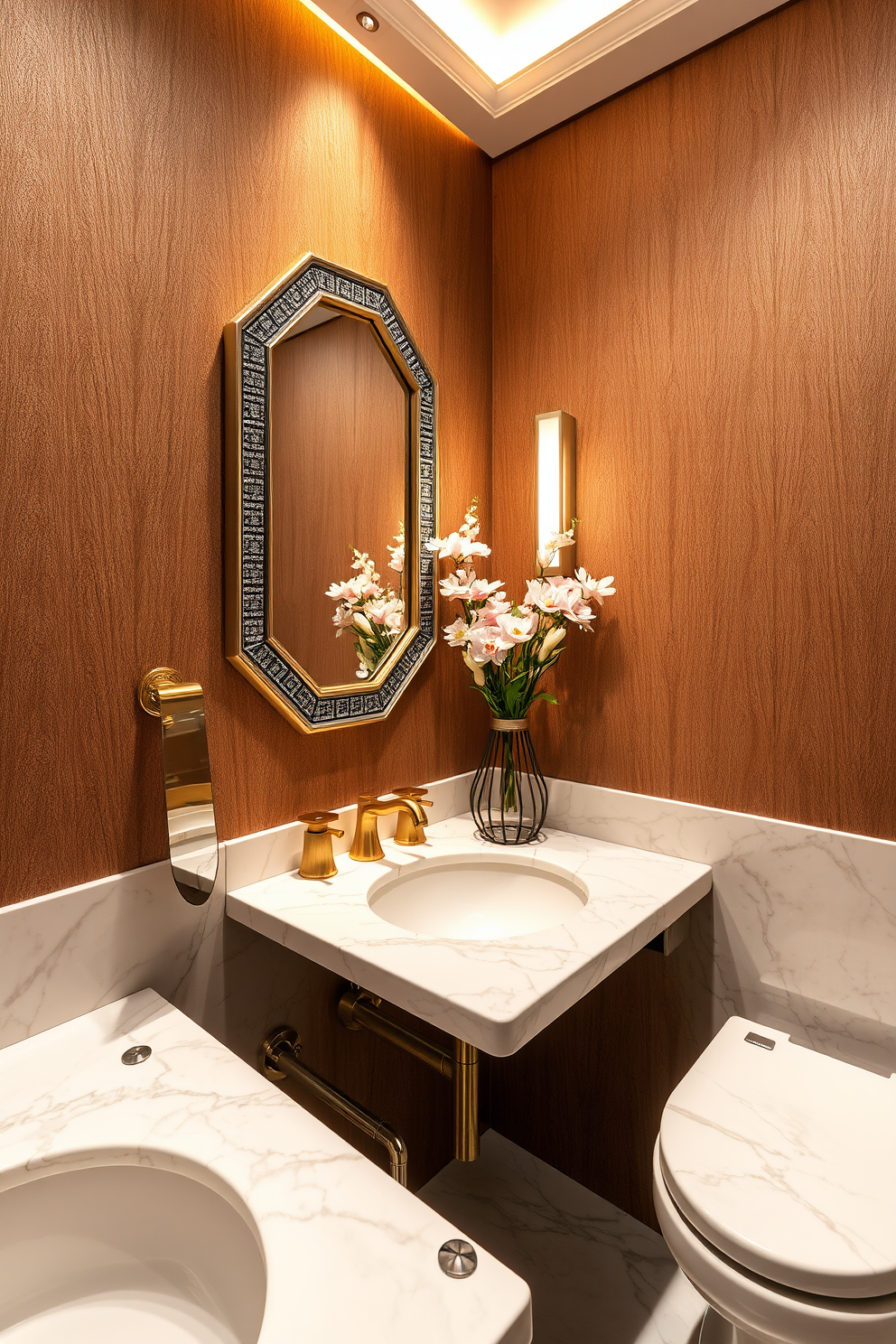 A luxurious powder room features stunning marble countertops with elegant veining that catch the light beautifully. The space is accented with gold fixtures and soft ambient lighting to create a warm and inviting atmosphere. The walls are adorned with rich, textured wallpaper that adds depth and sophistication. A stylish mirror with a decorative frame complements the overall design, while fresh flowers in a chic vase bring a touch of nature indoors.