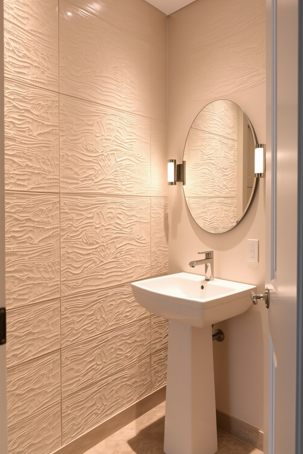 Textured wall panels create a striking focal point in the powder room, enhancing the sense of depth and sophistication. The panels are finished in a soft neutral tone, complementing the elegant fixtures and accessories throughout the space. A sleek pedestal sink is paired with a stylish wall-mounted faucet, providing a modern touch to the design. Ambient lighting illuminates the room, highlighting the textures and creating a warm, inviting atmosphere.