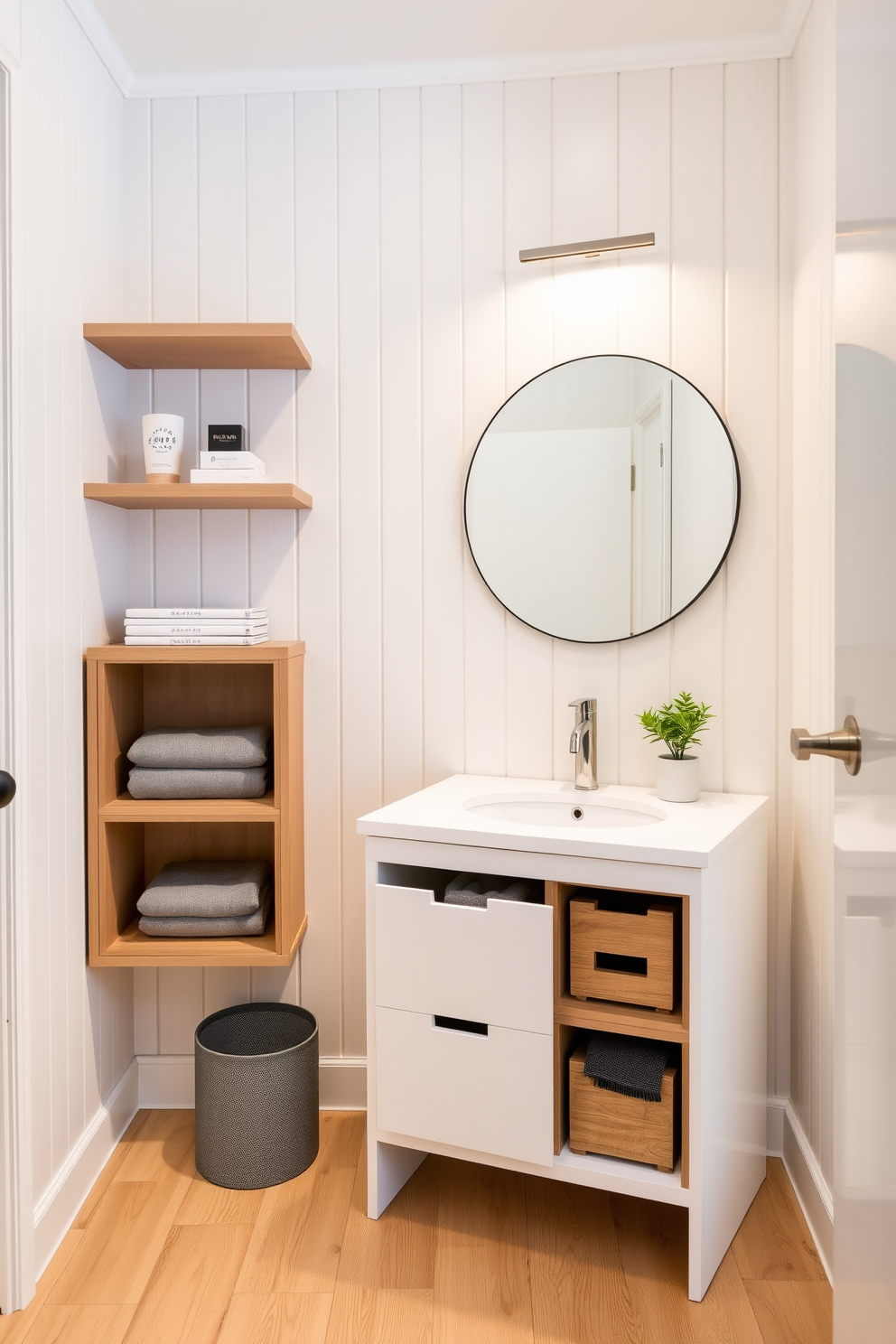 A stylish powder room featuring innovative compact storage solutions. The walls are adorned with light-colored paneling and a sleek floating shelf holds decorative items while saving floor space. A chic vanity with integrated drawers provides storage for essentials, complemented by a round mirror that enhances the sense of openness. The flooring is a light wood, creating a warm and inviting atmosphere, while a small potted plant adds a touch of greenery.