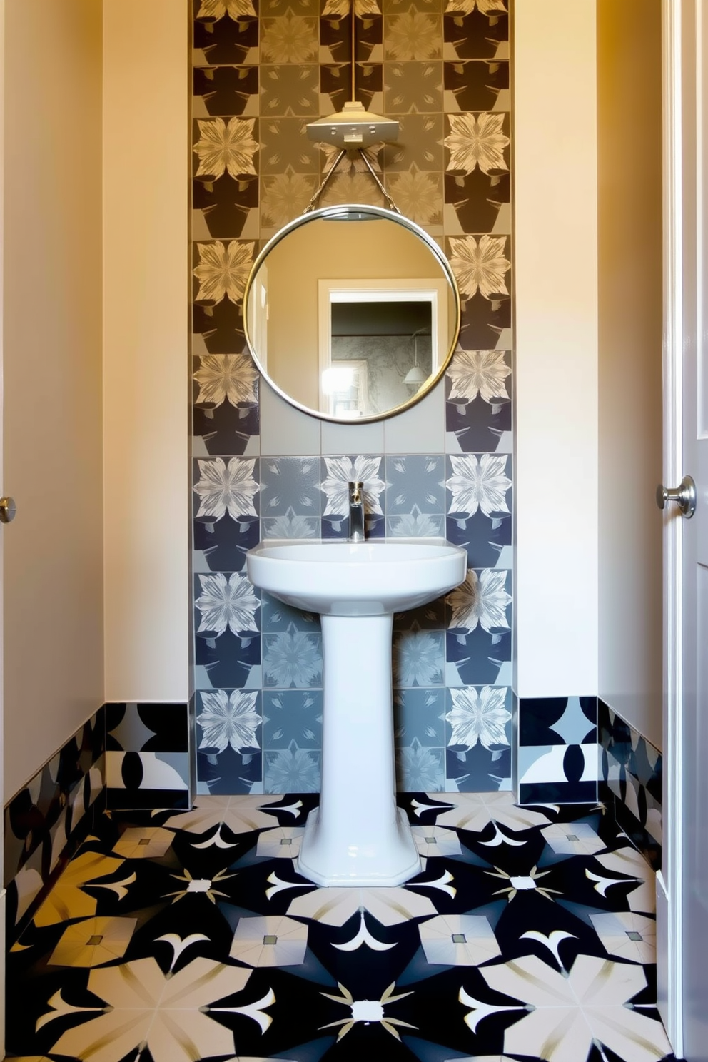 A stylish powder room featuring bold geometric patterned tiles that create a striking visual impact. The walls are adorned with a soft neutral paint, complementing the vibrant tile design beneath. A sleek pedestal sink is positioned against one wall, with a modern chrome faucet adding a touch of elegance. Above the sink, a round mirror with a minimalist frame reflects the dynamic patterns of the floor, enhancing the overall aesthetic.