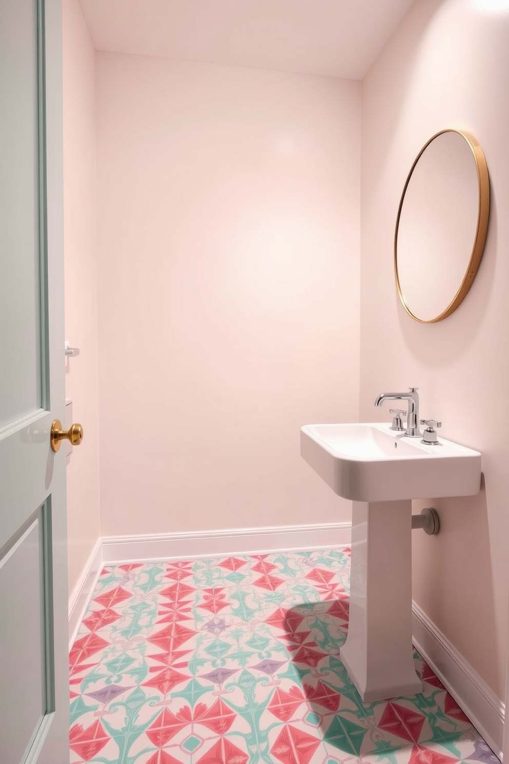 A stylish powder room featuring vinyl tiles with vibrant geometric patterns. The walls are painted in a soft pastel shade, complementing the playful design of the floor tiles. A sleek pedestal sink is positioned against one wall, adorned with a modern faucet. Above the sink, a round mirror with a minimalist frame reflects the cheerful ambiance of the space.