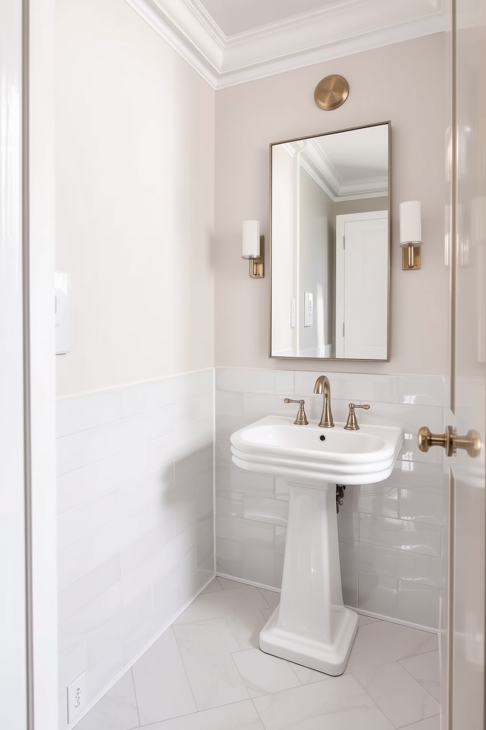 A chic powder room featuring glossy ceramic tiles that reflect light beautifully, enhancing the sense of space. The tiles are arranged in a herringbone pattern, creating a sophisticated and timeless look that complements the overall design. The walls are painted in a soft, neutral color to balance the shine of the tiles, while elegant fixtures in brushed nickel add a touch of modernity. A sleek pedestal sink with a minimalist design sits prominently, accompanied by a stylish wall-mounted mirror that maximizes the room's brightness.