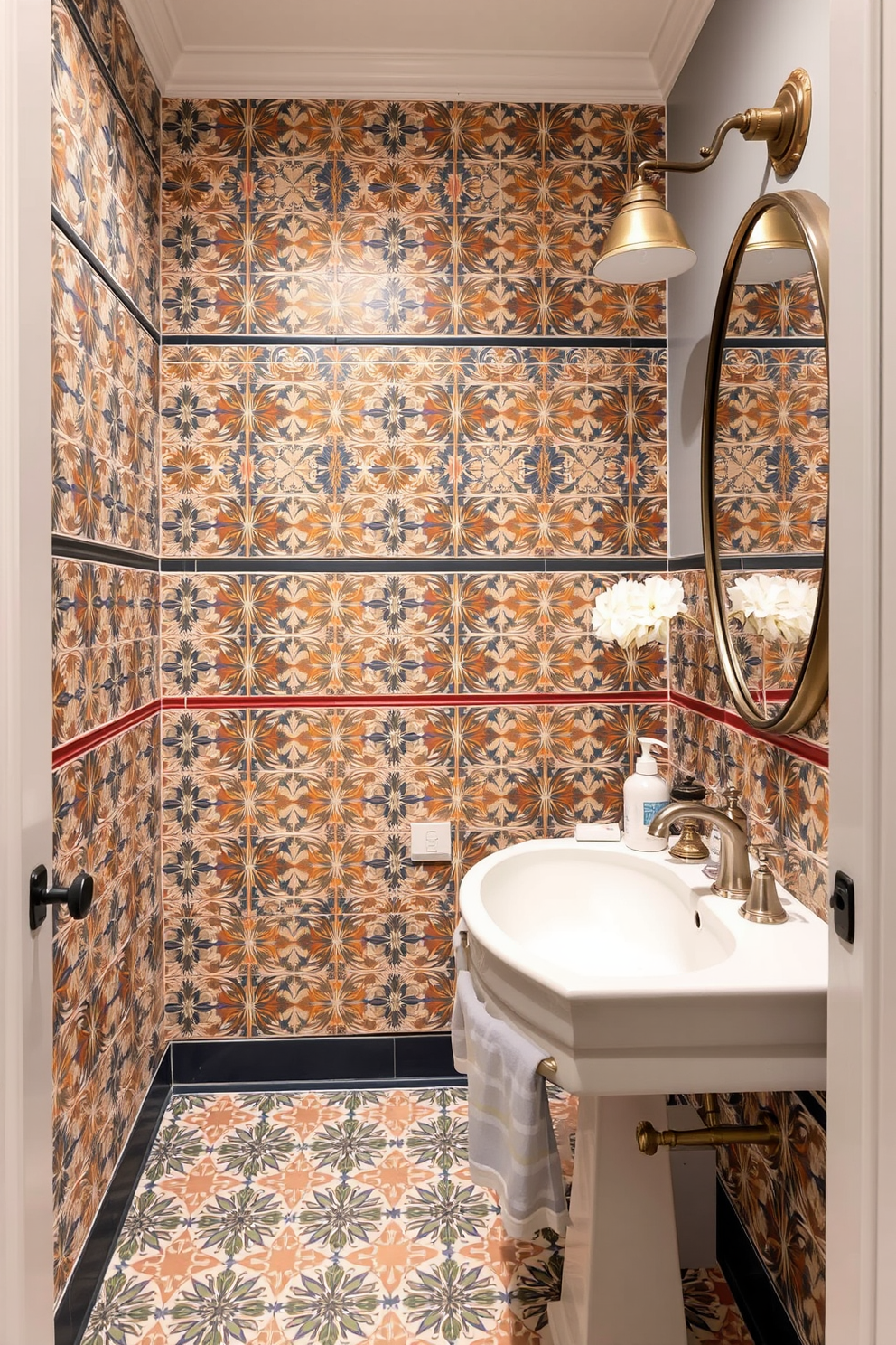 A stylish powder room featuring cement tiles with intricate designs in various colors. The tiles create a stunning visual impact, complementing the elegant fixtures and decor throughout the space.