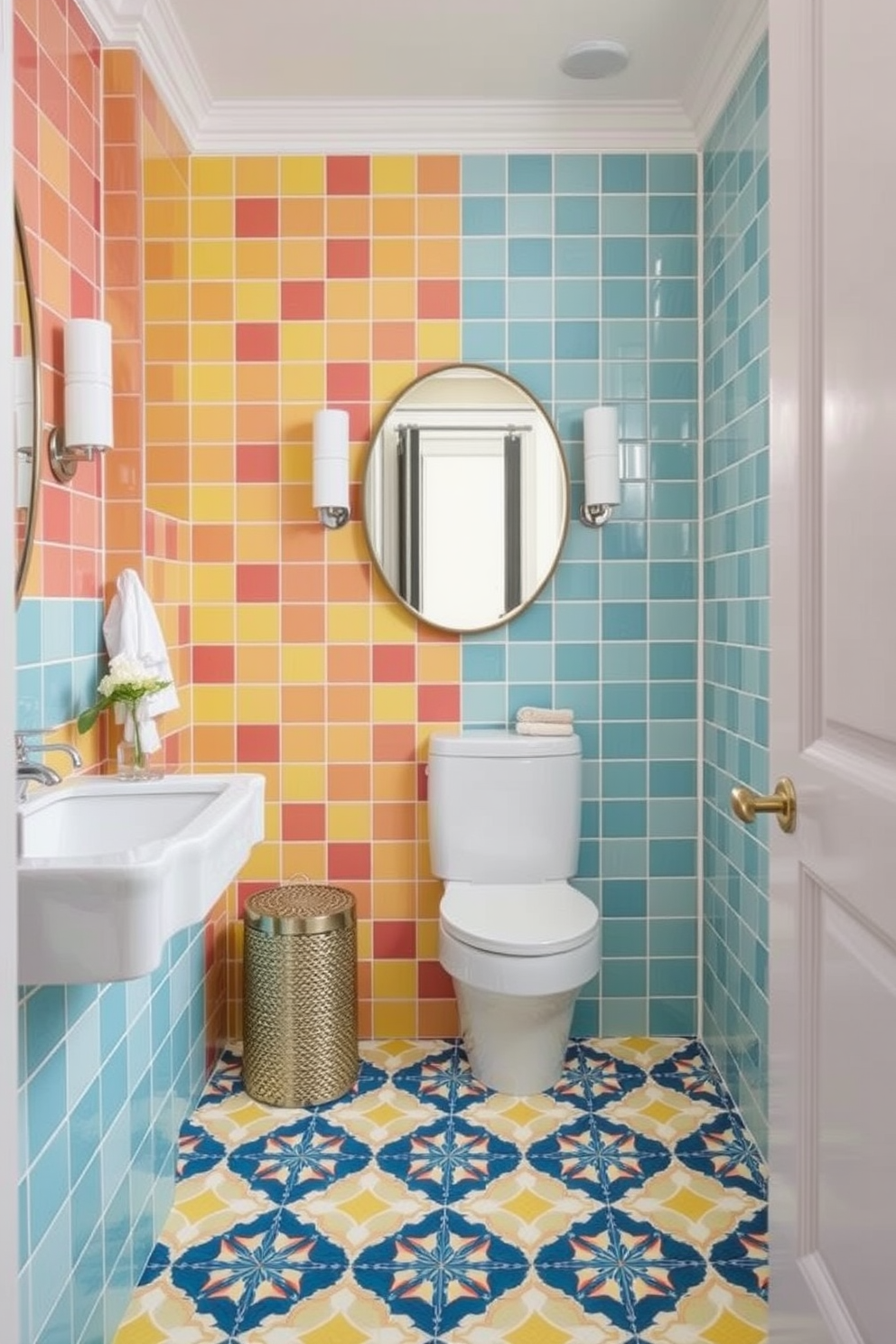 Brightly colored porcelain tiles create a vibrant and cheerful atmosphere in the powder room. The playful patterns and hues bring energy to the space, making it a delightful retreat for guests. Consider incorporating a mix of bold colors like turquoise, yellow, and coral to enhance the lively feel. Pair these tiles with minimalist fixtures and soft lighting to balance the brightness and maintain a stylish ambiance.