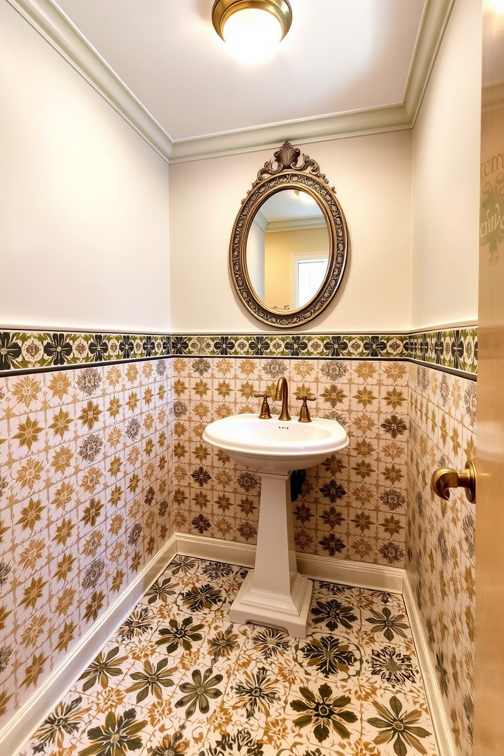 A charming powder room featuring vintage patterned tiles that evoke a nostalgic retro vibe. The walls are adorned with soft pastel colors, complementing the intricate designs of the floor tiles. A small pedestal sink sits in the corner, paired with a sleek brass faucet. Above the sink, a round mirror with an ornate frame enhances the vintage aesthetic of the space.