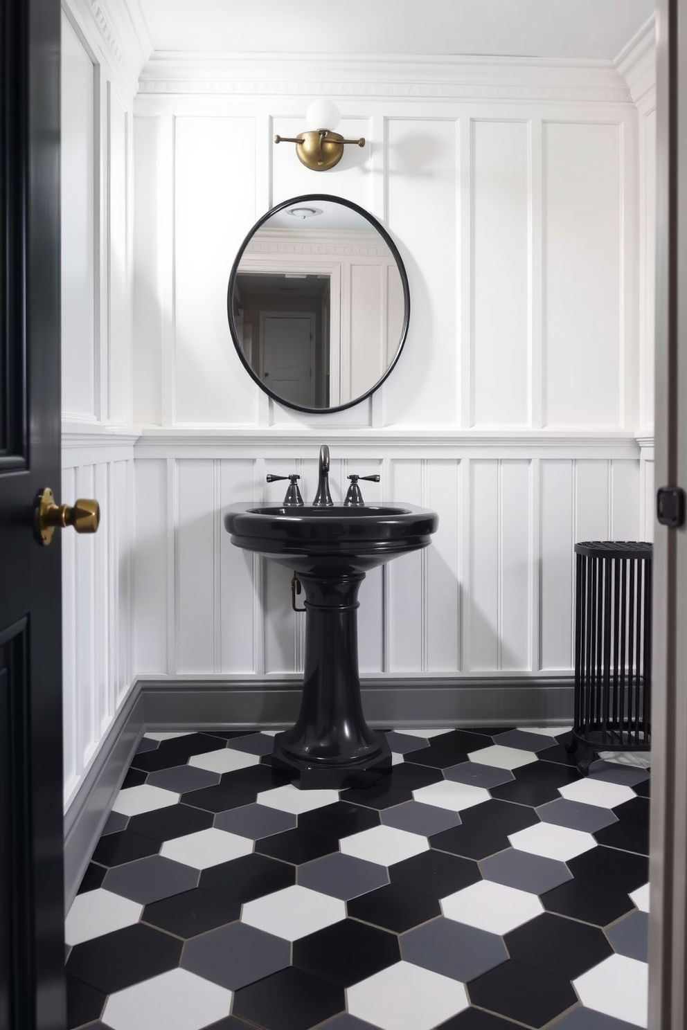 A stylish powder room featuring a classic black and white checkerboard floor that creates a timeless elegance. The walls are adorned with crisp white wainscoting, while a sleek black pedestal sink adds a modern touch to the space.