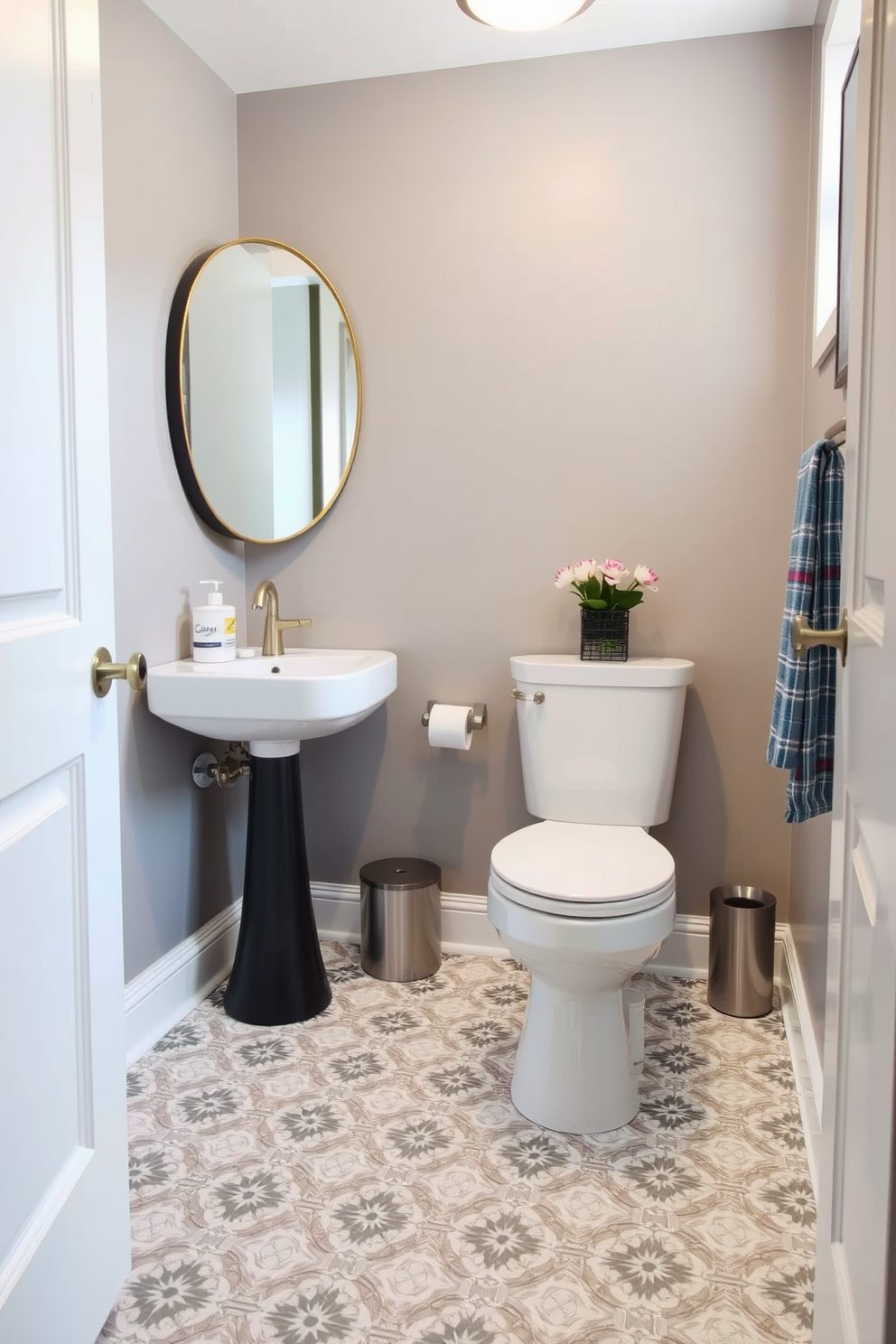 A stylish powder room featuring patterned vinyl planks that enhance the aesthetic while ensuring easy maintenance. The floor is adorned with intricate geometric designs in soft hues that complement the overall decor.