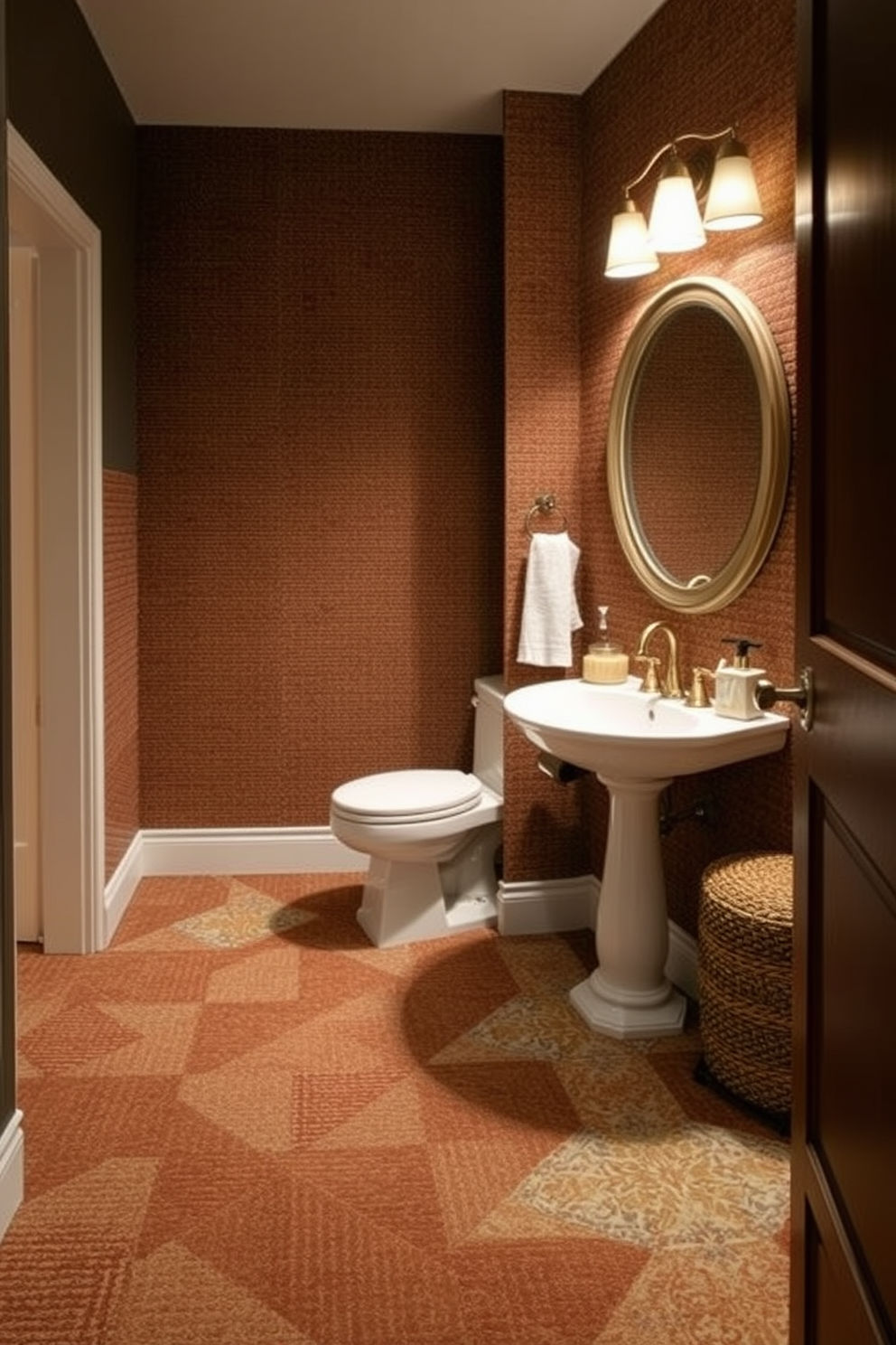 Textured carpet tiles create a warm and inviting atmosphere, providing softness and comfort underfoot. The rich colors and varied patterns of the tiles add depth and style to the space, enhancing the overall design. For the powder room, consider floor tile designs that combine elegance with functionality. Choose tiles that feature intricate patterns or bold colors to make a statement while maintaining a cohesive look with the rest of the decor.