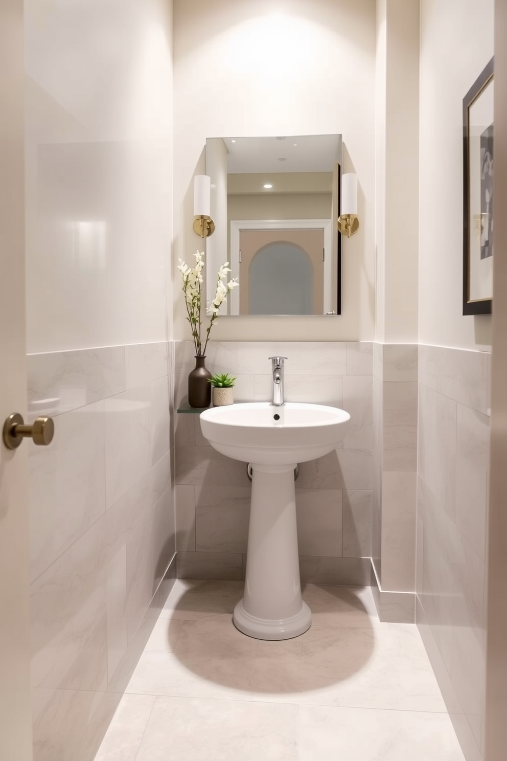 A refined powder room featuring elegant limestone tiles that create a sophisticated ambiance. The walls are adorned with soft, neutral tones, complementing the natural texture of the tiles. A stylish pedestal sink sits gracefully in the corner, paired with a sleek wall-mounted faucet. Decorative accents, such as a small potted plant and a framed artwork, enhance the room's charm and warmth.