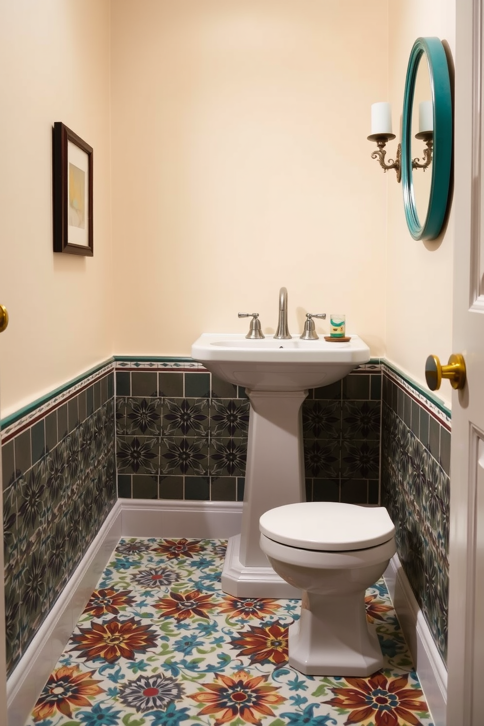 A charming powder room featuring painted tiles that add a personalized touch to the space. The walls are adorned with soft pastel colors, creating a warm and inviting atmosphere. The floor showcases a stunning design of intricate patterned tiles in vibrant hues. Complementing the tiles, a sleek pedestal sink is positioned against the wall, topped with a stylish faucet.