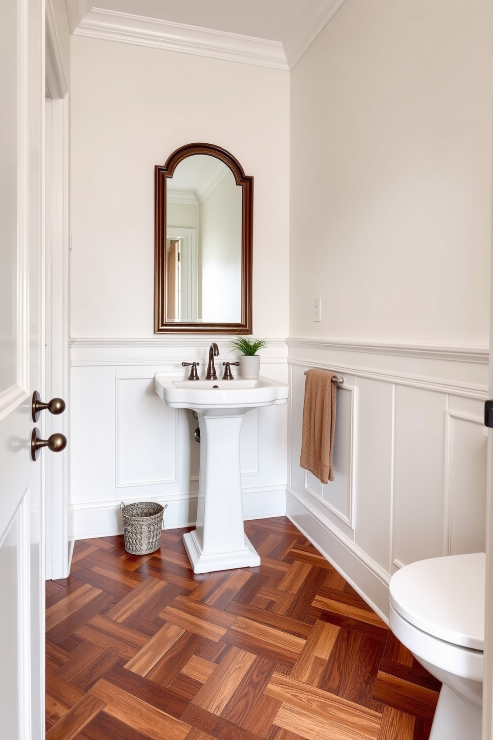 A stunning powder room featuring a wooden herringbone pattern on the floor creates an elegant atmosphere. The rich tones of the wood contrast beautifully with the light-colored walls, enhancing the overall sophistication of the space. Incorporate a sleek pedestal sink with a polished chrome faucet to complement the flooring. Add decorative elements like a small potted plant and a stylish mirror to elevate the design further.