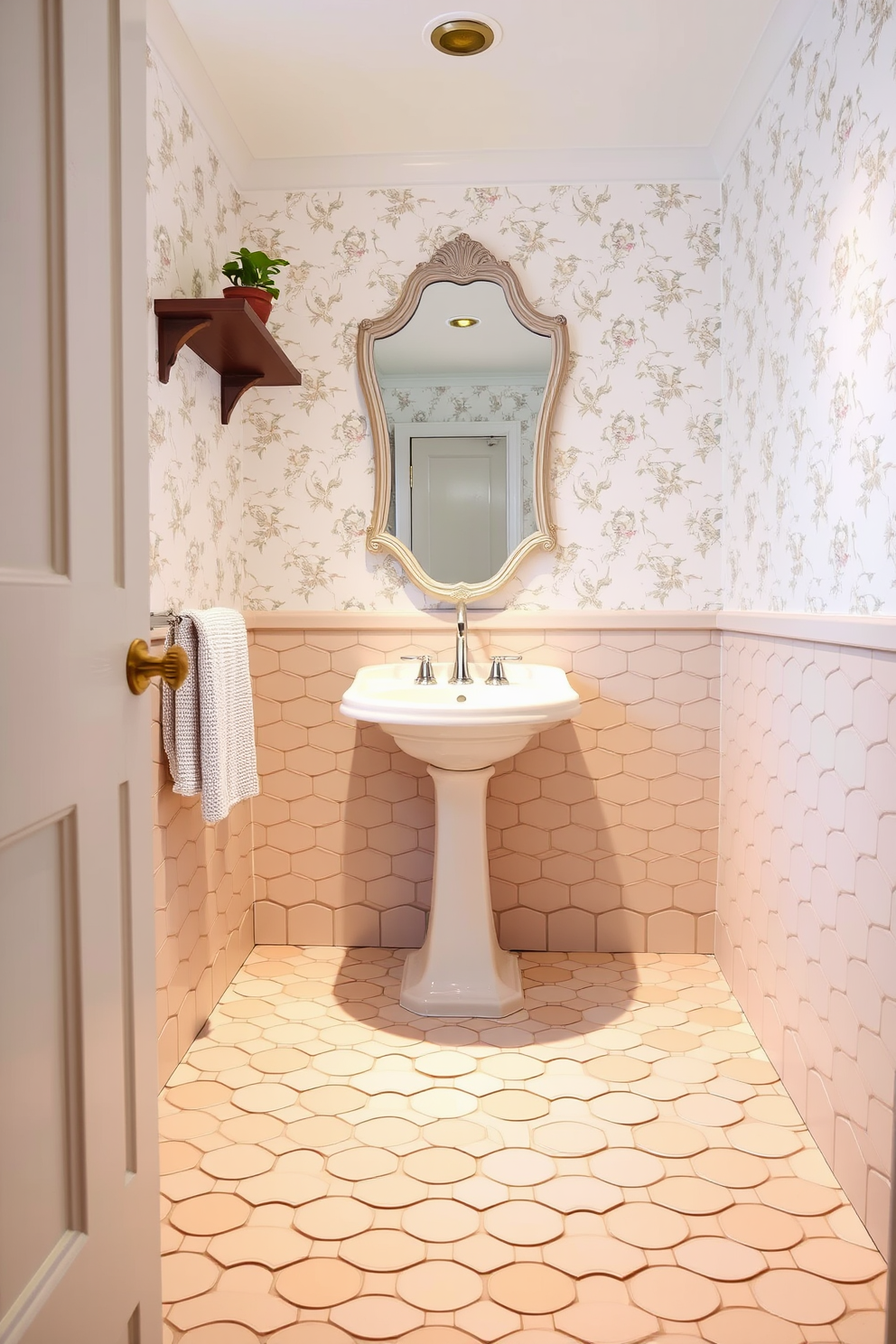 A charming powder room showcases scalloped tiles in soft pastel hues that create a playful yet elegant atmosphere. The tiles cover the floor, leading to a sleek white pedestal sink and a vintage-style mirror that enhances the room's unique character. The walls are adorned with delicate wallpaper featuring subtle floral patterns, complementing the scalloped tiles perfectly. A small potted plant sits on a floating shelf, adding a touch of greenery to this inviting space.