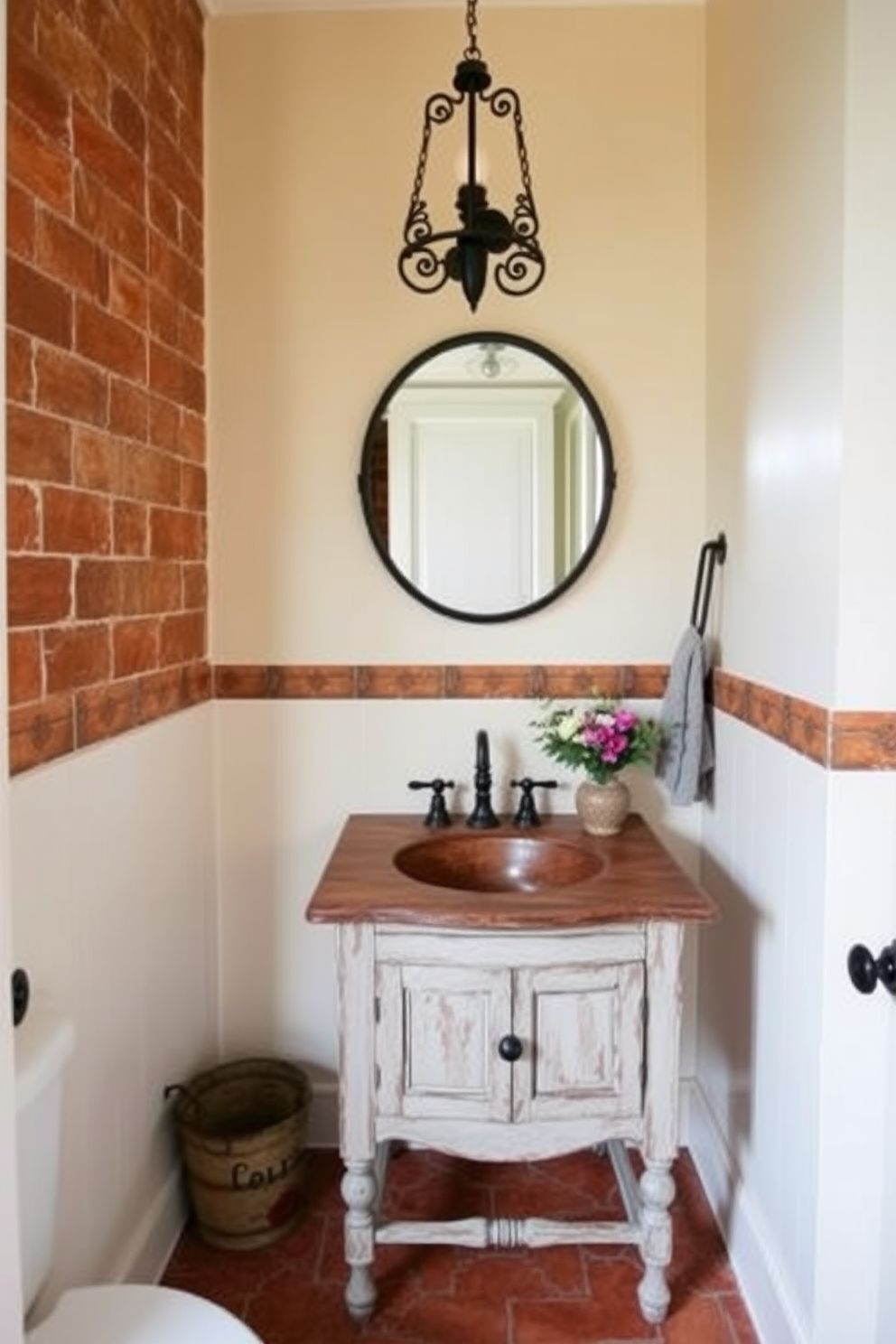 A charming powder room featuring rustic terracotta tiles that add warmth and character to the space. The walls are painted in a soft cream hue, complementing the earthy tones of the tiles and creating a cozy atmosphere. A vintage wooden vanity with a distressed finish sits beneath a round mirror framed in wrought iron. Above the vanity, a stylish pendant light casts a warm glow, enhancing the inviting feel of the room.