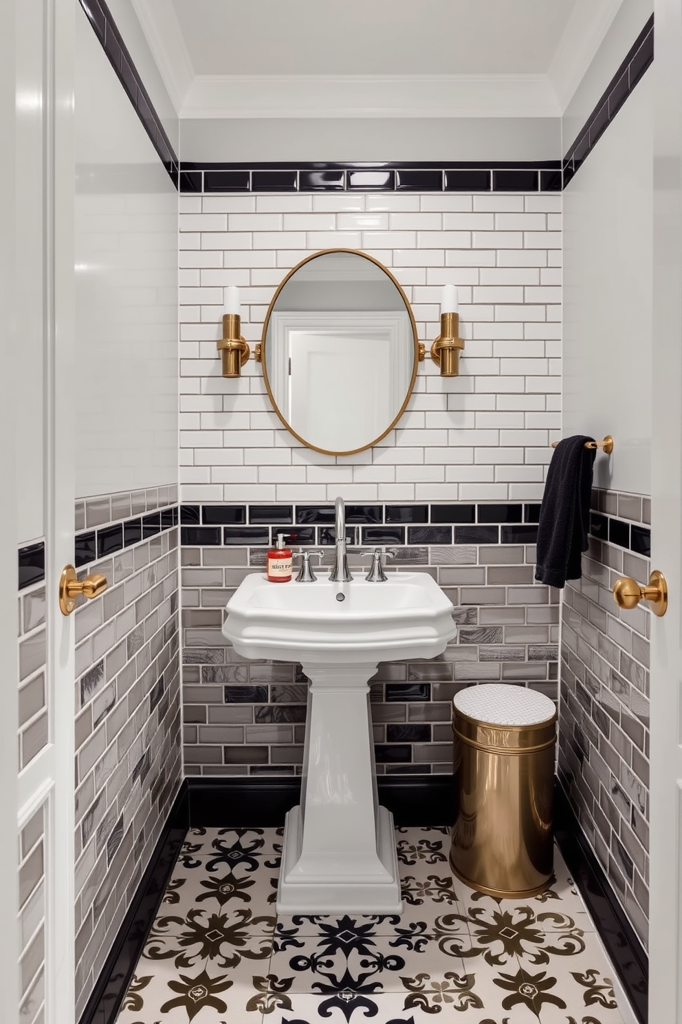 A chic powder room featuring subway tiles with a contrasting grout color that adds depth and character to the walls. The floor is adorned with elegant patterned tiles that complement the overall aesthetic, creating a harmonious balance between modern and classic design elements.