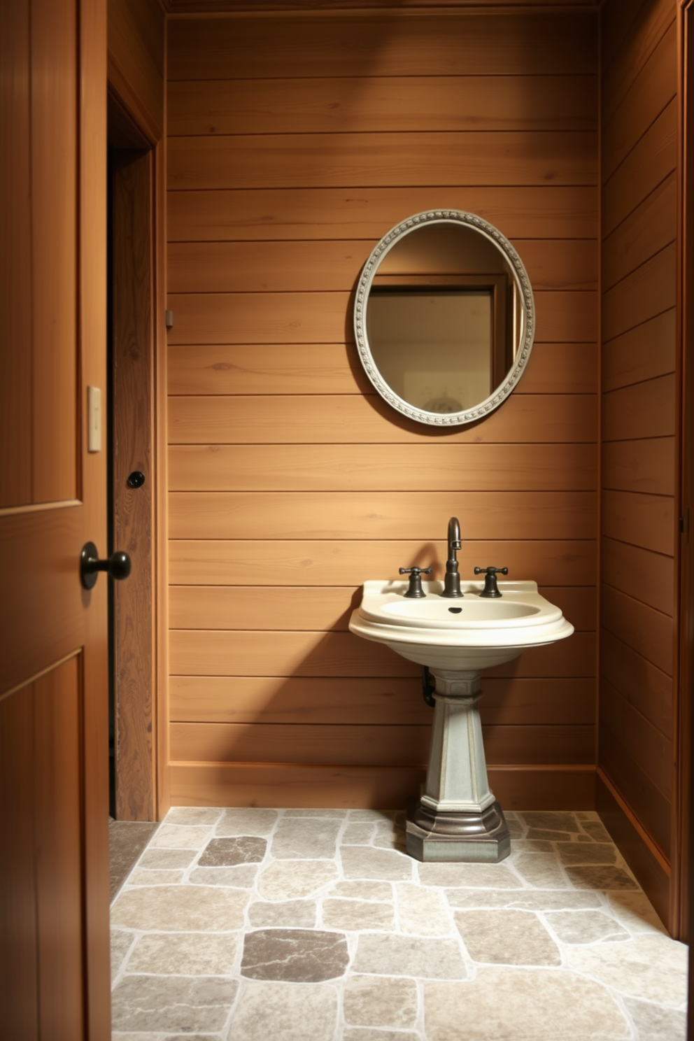 A cozy powder room featuring textured stone tiles that enhance the rustic charm of the space. The walls are adorned with warm wood paneling, creating a harmonious blend with the earthy tones of the floor tiles. A vintage-style pedestal sink sits against one wall, complemented by a bronze faucet and a round mirror with a distressed finish. Soft, ambient lighting highlights the unique textures of the stone tiles, adding warmth and character to the room.