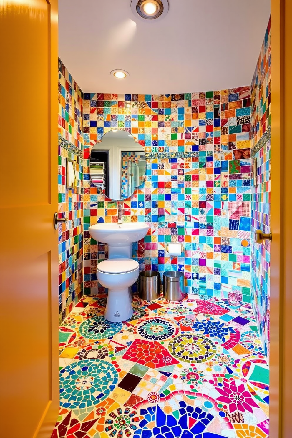 A vibrant powder room featuring colorful mosaic tiles that create a lively and inviting atmosphere. The floor is adorned with an intricate pattern of various hues, bringing energy and personality to the space.