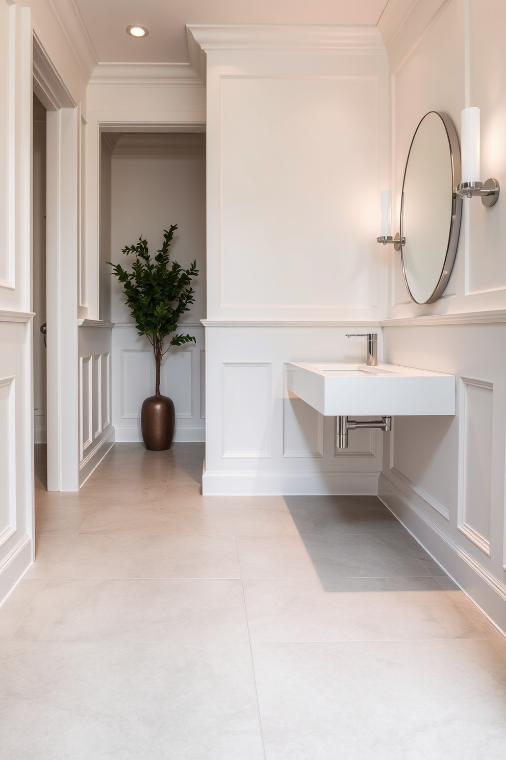 A modern powder room features large format tiles that create a seamless and sleek appearance. The tiles are a soft gray color with subtle veining, enhancing the elegance of the space. The walls are adorned with crisp white wainscoting that contrasts beautifully with the floor tiles. A minimalist floating vanity with a polished chrome faucet complements the contemporary design.