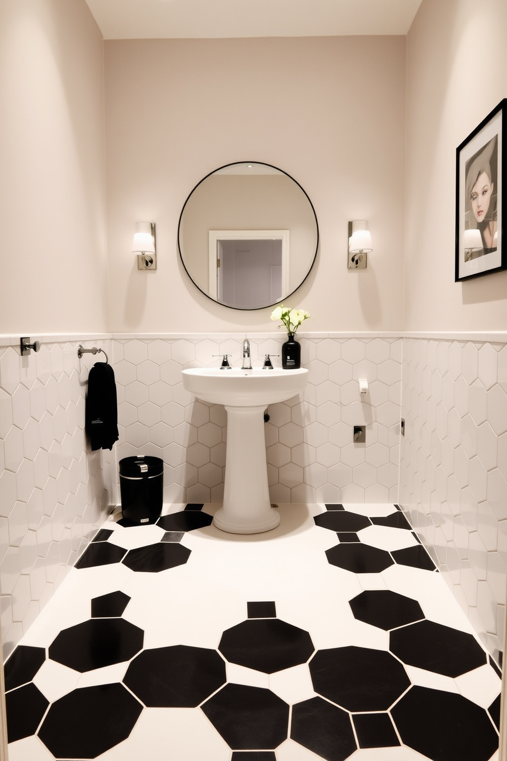 A modern powder room features a floor adorned with striking hexagonal tiles in a mix of black and white. The tiles create a dynamic visual effect that complements sleek fixtures and minimalist decor. The walls are painted in a soft neutral tone, providing a perfect backdrop for the bold tile design. A stylish pedestal sink and a large round mirror enhance the contemporary aesthetic of the space.