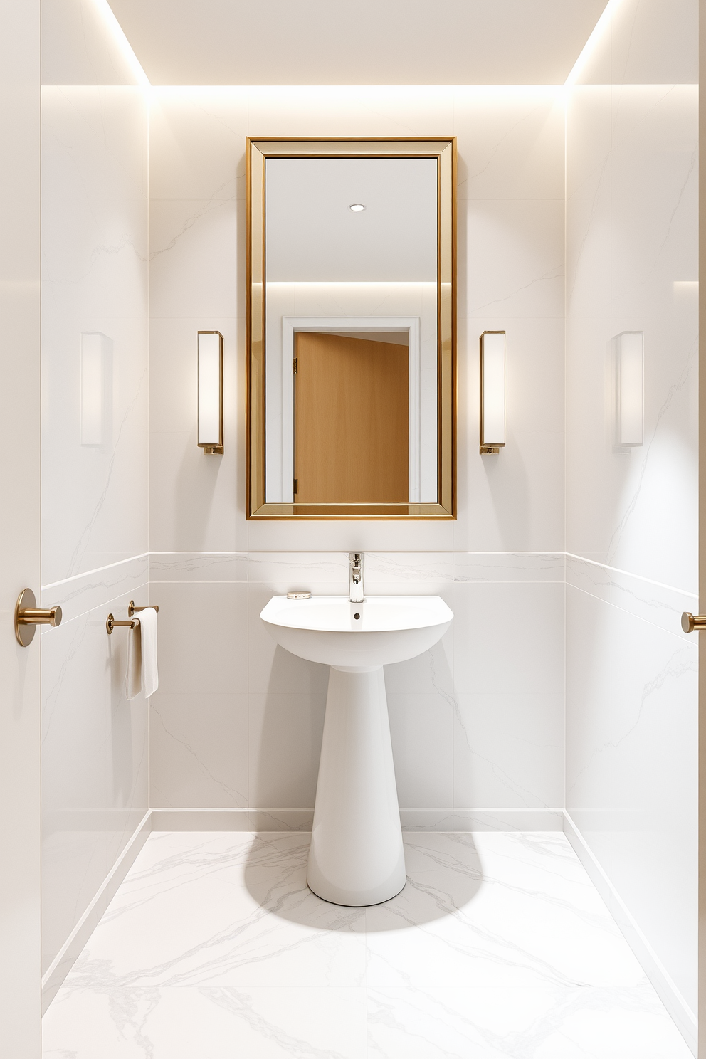 A luxurious powder room featuring elegant marble tiles that exude sophistication and style. The space is accentuated by a sleek pedestal sink and a stylish wall-mounted faucet, creating a seamless and modern aesthetic. The walls are adorned with soft, neutral tones that complement the shimmering marble floor. A large framed mirror hangs above the sink, reflecting the beauty of the space and enhancing the overall ambiance.