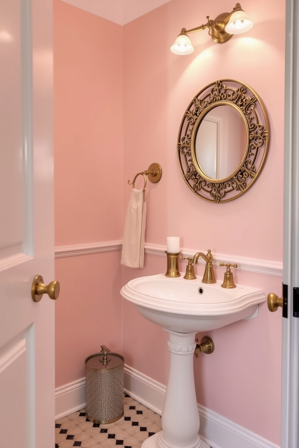 A soft blush pink powder room creates a romantic and inviting atmosphere. The walls are adorned with a delicate blush hue that complements elegant fixtures and accessories. Incorporate a stylish pedestal sink with gold accents to enhance the luxurious feel. Add a round mirror with a decorative frame that reflects the soft lighting, creating a warm glow throughout the space.