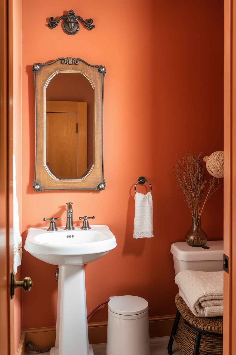 A cozy powder room with earthy terracotta walls that exude natural warmth. The space features a sleek pedestal sink and a vintage wooden mirror, complemented by soft lighting that enhances the inviting atmosphere.