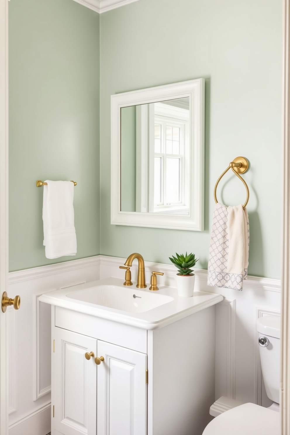 A soft mint green powder room exudes freshness and tranquility. The walls are painted in a soothing mint green shade, complemented by white wainscoting for a classic touch. The vanity features a sleek white sink with gold fixtures and a matching mirror above. Elegant accessories like a small potted plant and plush towels enhance the inviting atmosphere.