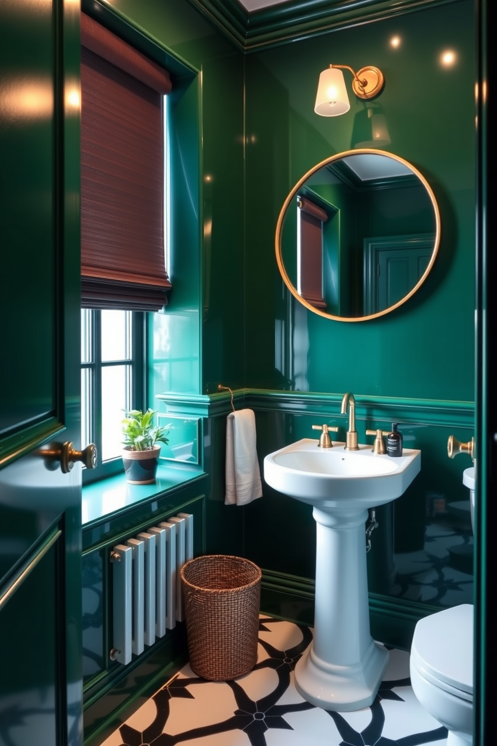 A chic powder room featuring glossy emerald green walls that create a luxurious jewel tone atmosphere. The space includes a sleek white pedestal sink and a round mirror with a gold frame, enhancing the elegance of the design. The floor is adorned with black and white geometric tiles that add a modern touch. A small potted plant sits on the windowsill, bringing a hint of nature into the sophisticated setting.