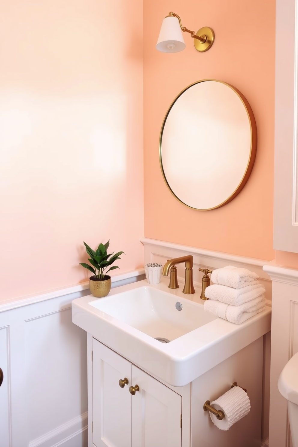 A charming powder room featuring light peach walls that create a soft and inviting glow. The space is accented with white wainscoting and a sleek, modern sink with elegant brass fixtures. A round mirror with a delicate gold frame hangs above the sink, enhancing the warm tones of the room. Decorative elements include a small potted plant on the countertop and soft, fluffy towels neatly arranged nearby.