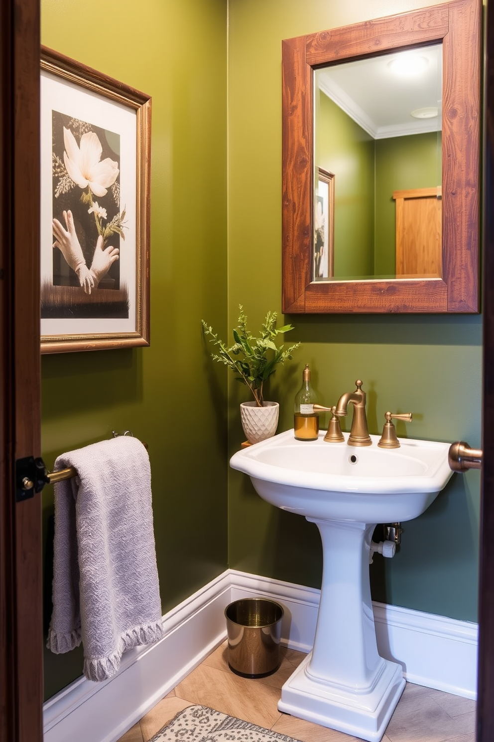 A charming powder room featuring rustic olive green walls that evoke an earthy appeal. The space includes a vintage pedestal sink with a brushed brass faucet, complemented by a rustic wooden mirror frame above it.