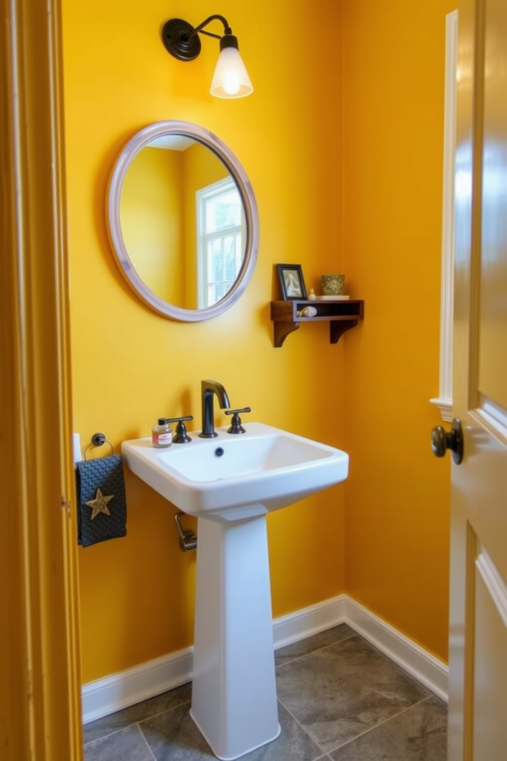 A cozy powder room with warm mustard yellow walls that radiate a sunny and inviting atmosphere. The space features a sleek white pedestal sink and a round mirror with a simple wooden frame, reflecting the cheerful color. A small wooden shelf adorned with decorative items sits above the sink, adding a personal touch to the design. The floor is covered with light gray tiles, providing a subtle contrast to the vibrant yellow walls.