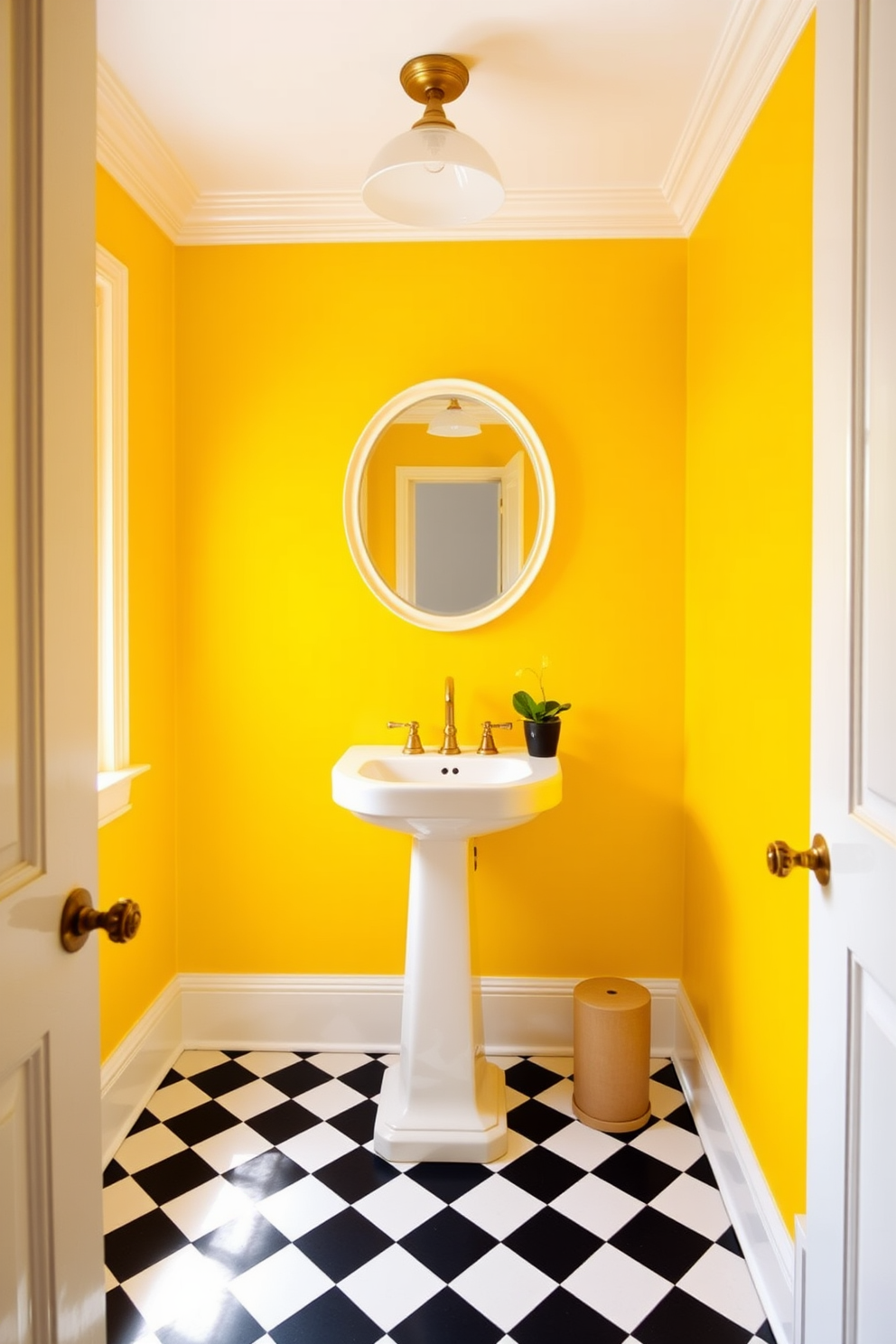 A bright and cheerful powder room featuring sunny lemon yellow walls that radiate energy and warmth. The space includes a sleek pedestal sink and a round mirror with a simple white frame, complemented by brass fixtures for a touch of elegance. The floor is adorned with classic black and white checkered tiles that provide a striking contrast to the vibrant yellow. A small potted plant sits on the windowsill, adding a refreshing natural element to the lively atmosphere.