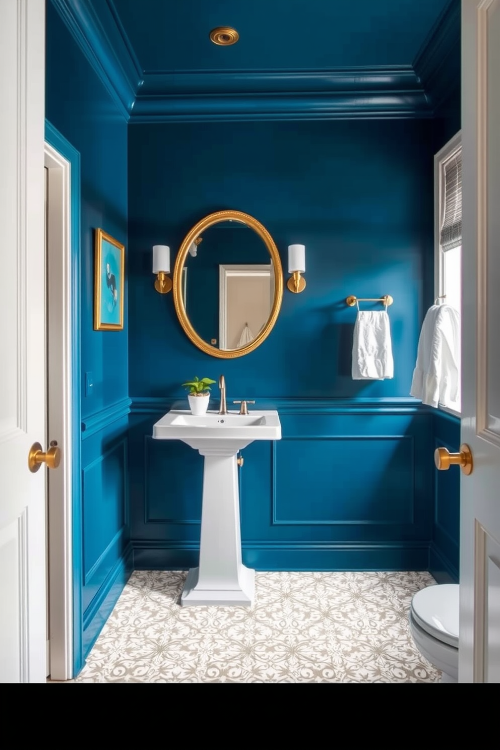 A striking powder room features peacock blue walls that create a dramatic and luxurious atmosphere. The space is complemented by a sleek white pedestal sink and a gold-framed mirror that reflects the bold color. To enhance the design, a small potted plant sits on the sink, adding a touch of greenery. The floor is adorned with intricate white and gold patterned tiles, providing a stunning contrast to the deep blue walls.