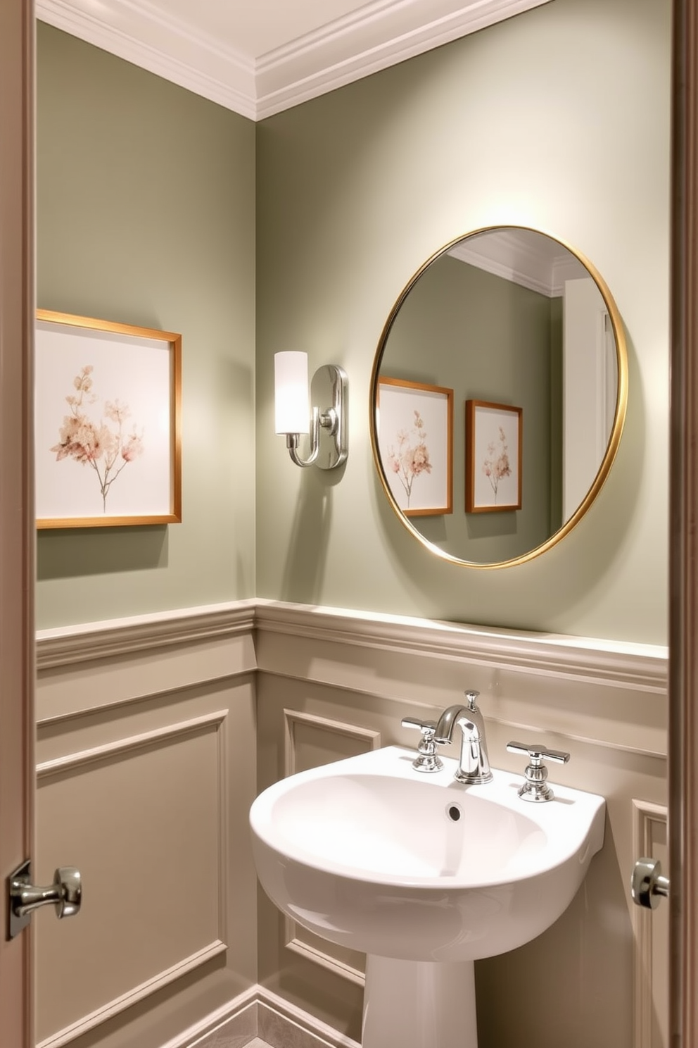 A serene powder room featuring muted sage green walls that create a calming atmosphere. The space includes elegant fixtures with polished chrome accents and a sleek white pedestal sink. Soft ambient lighting illuminates the room, highlighting the delicate floral artwork on the walls. A round mirror with a thin gold frame adds a touch of sophistication above the sink.