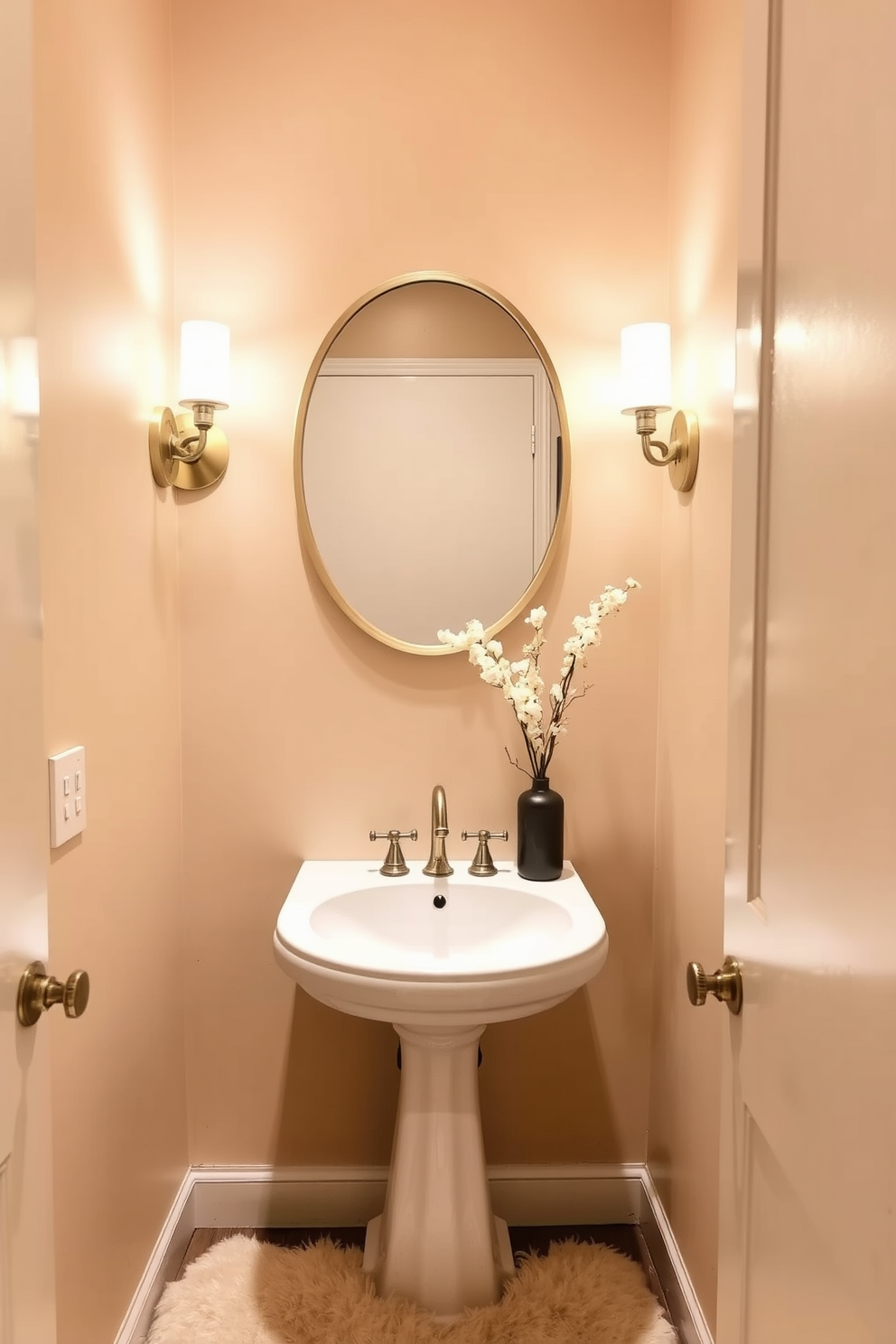 A cozy powder room featuring warm beige walls that create an inviting atmosphere. The space includes a stylish pedestal sink with a vintage-inspired faucet and a round mirror above it, framed in brushed gold. Soft lighting fixtures are installed on either side of the mirror, casting a warm glow throughout the room. A plush cream-colored rug lies on the floor, complementing the beige tones and adding comfort underfoot.