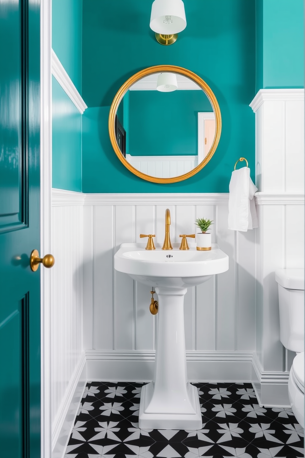 A bold teal powder room features a sleek pedestal sink with a chic gold faucet. The walls are painted in a rich, vibrant teal, complemented by white wainscoting that adds elegance to the space. A round mirror with a gold frame hangs above the sink, reflecting the striking color. The floor is adorned with a geometric black and white tile pattern, enhancing the modern aesthetic of the room.