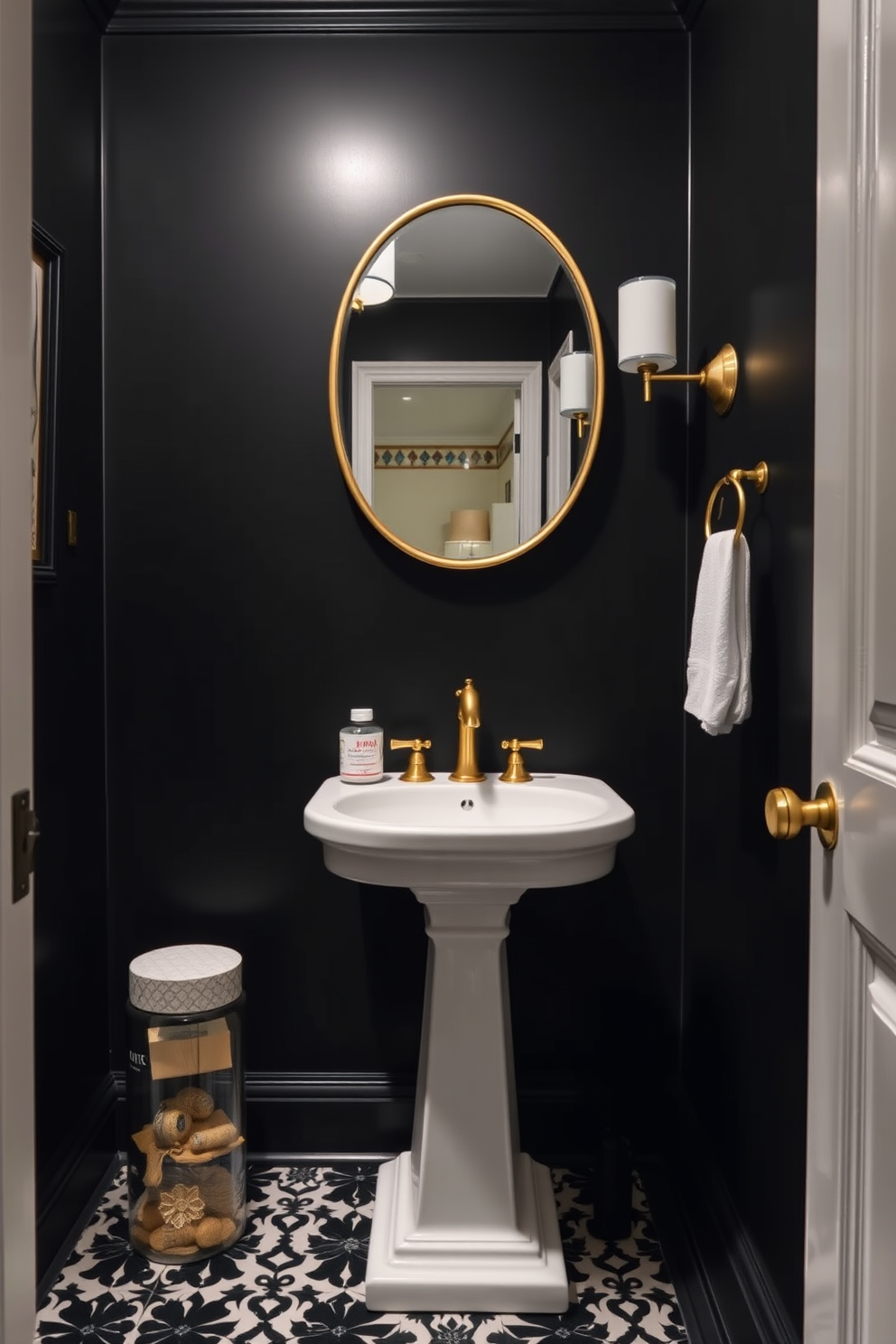 A classic black powder room exudes timeless elegance and sophistication. The walls are painted in a rich black hue, creating a dramatic backdrop for luxurious fixtures and decor. A sleek white pedestal sink stands against the dark walls, complemented by a vintage-style gold faucet. The floor features intricate black and white patterned tiles that add visual interest and contrast to the space.