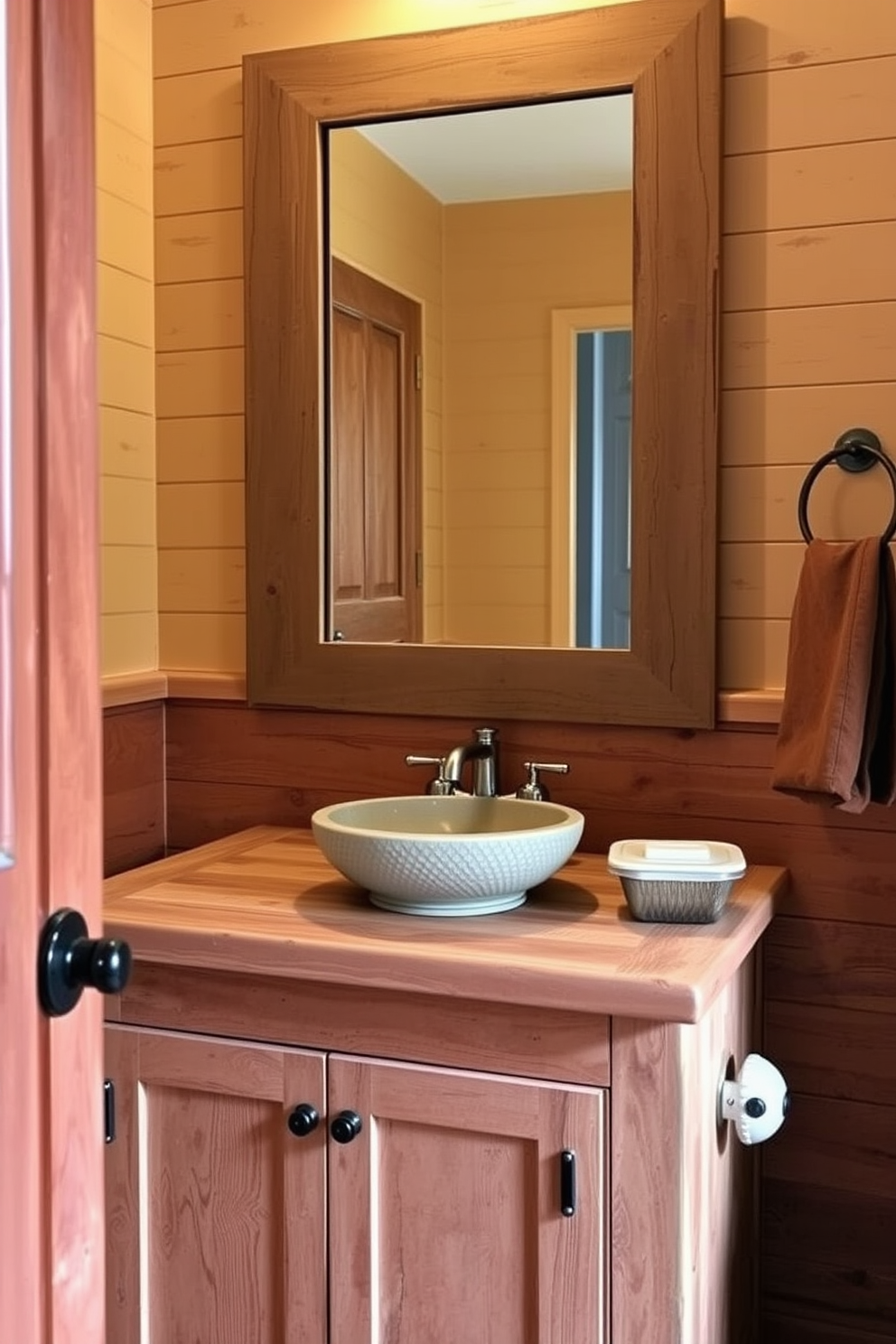 A rustic powder room featuring a reclaimed wood vanity with a distressed finish. The vanity is complemented by a vintage-style sink with elegant chrome fixtures and a textured ceramic basin. The walls are adorned with warm, earthy tones and shiplap paneling, creating a cozy atmosphere. A large framed mirror with a weathered wood frame hangs above the vanity, enhancing the rustic charm of the space.